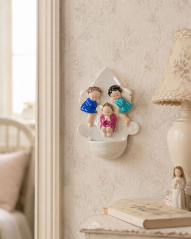 Starožitná porcelánová kropenička s anjelikmi a Ježiškom